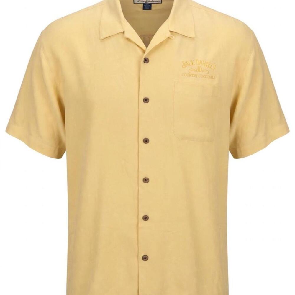 Tommy Bahama Jack Daniels Country Cocktails Shirt Mens L Silk Embroidered Yellow